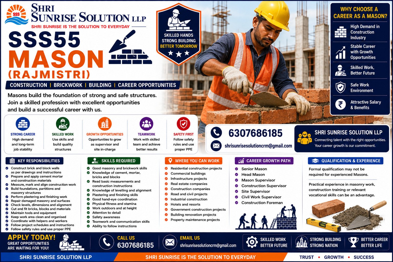 Mason (Rajmistri) SSS55 – Mason Jobs in India | Duties, Skills, Requirements & Career Opportunities
