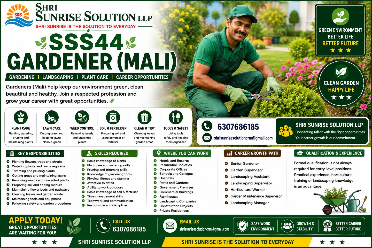 Gardener (Mali) SSS44 – Gardener Jobs in India | Duties, Skills, Requirements & Career Opportunities